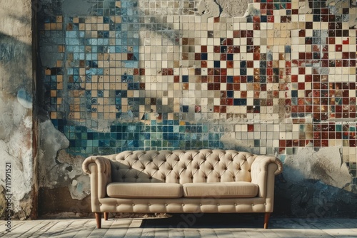 Beige tufted sofa placed against a concrete wall adorned with a vibrant mosaic. The composition highlights the sofa's luxurious texture against the industrial backdrop.