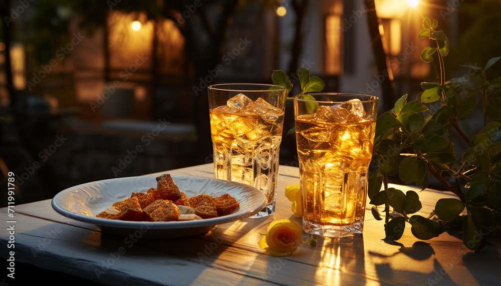 Outdoor bar, wood table, glass of cocktail, ice, lemon, sunset generated by AI