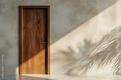 Sleek closed wooden door against a minimalist backdrop, warm sunlight enhances the contemporary aesthetic, and shadows create depth in this modern composition.