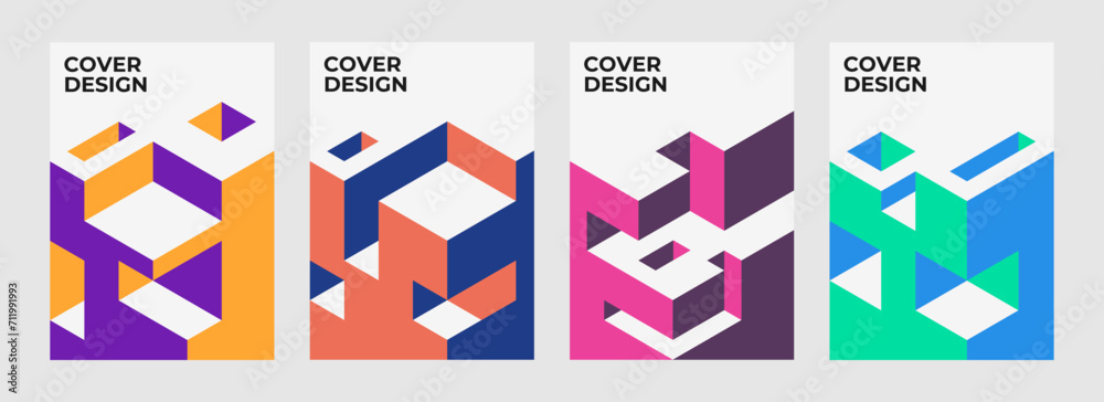 Set of vector A4 size abstract isometric shape covers for flyers, posters, brochures, magazine, annual report, poster, wallpapers, and others. Modern design template isometric concept.