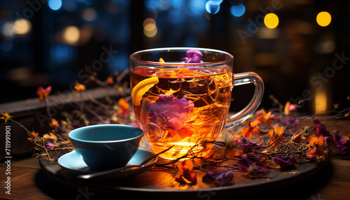Hot drink on wooden table, autumn leaf, nature warmth generated by AI