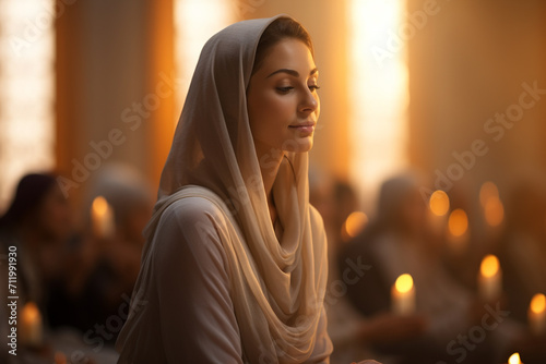 Muslim Women praying in the mosque. Ramadan Kareem background