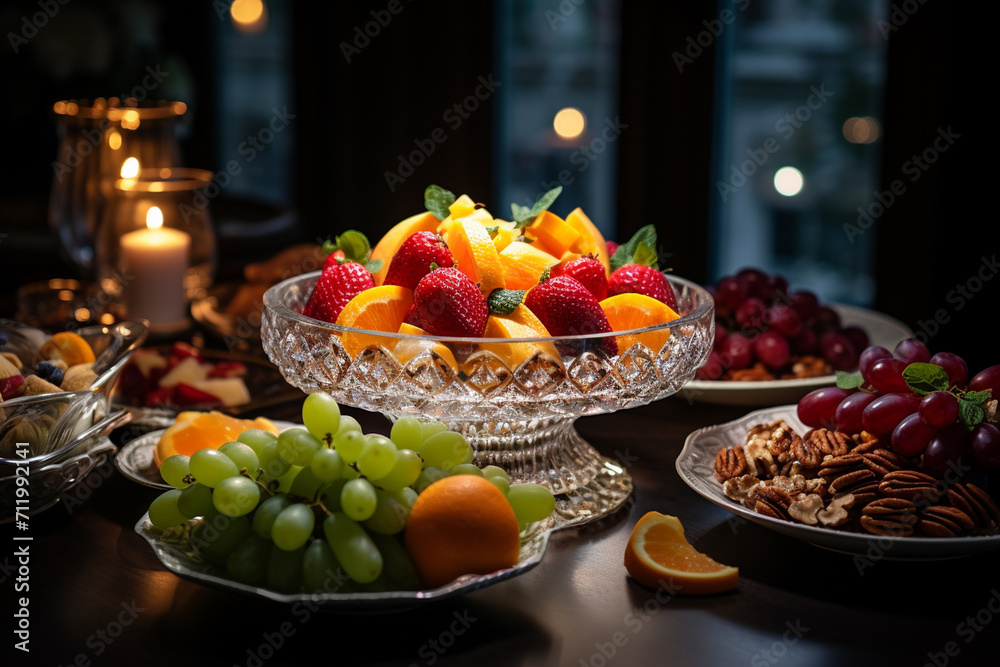 Still life with fruits on the table in the garden at sunset. Ramadan Kareem