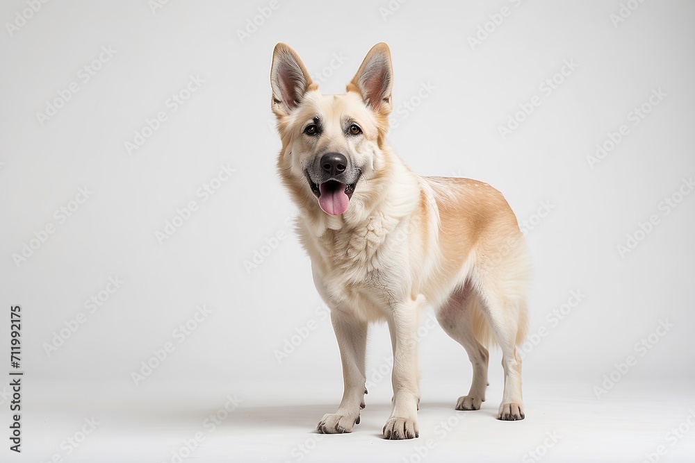 Perro pastor alemán color blanco, de pie, sobre fondo blanco
