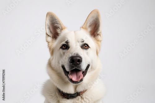 Rostro de perro pastor alemán color blanco, sobre fondo blanco