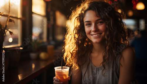 Smiling young adult woman enjoying coffee, looking at camera confidently generated by AI