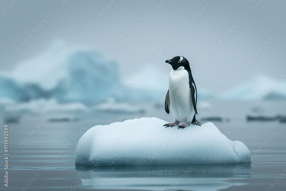 A Adelie Penguin on an floating iceberg in Antarctica.