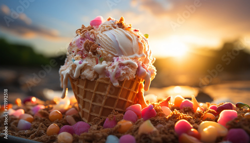 Homemade ice cream cone with colorful toppings, perfect summer treat generated by AI photo