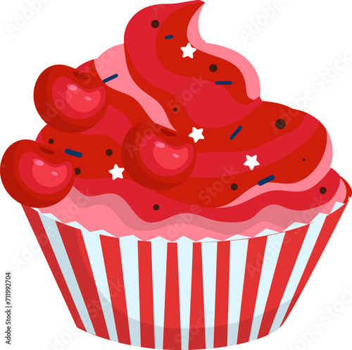 Red cherry cupcake with sprinkles in striped wrapper. Dessert with whipped cream topping. Cute sweet food vector illustration.