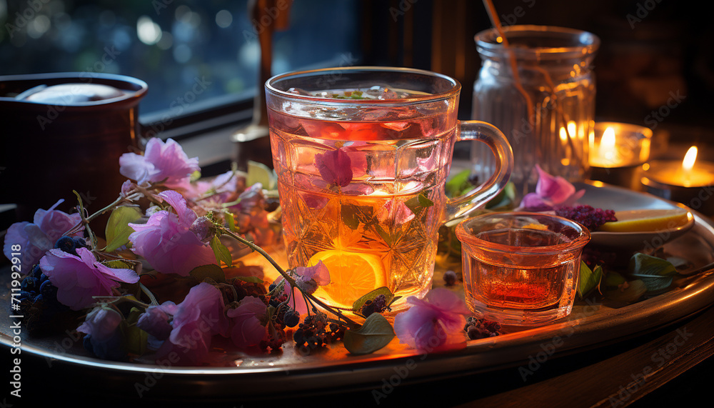 Freshness of nature on a wooden table, tea in leaf generated by AI Freshness of nature on a wooden table, tea in leaf generated by AI