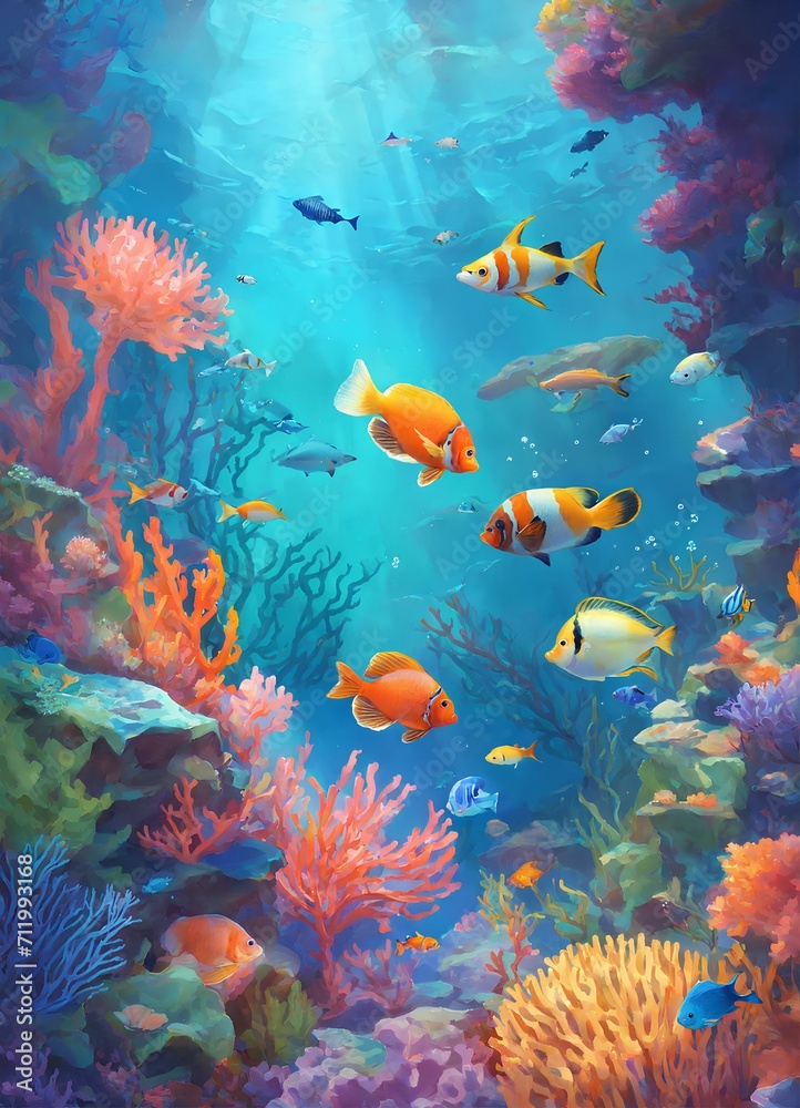 Fototapeta premium 水中世界の概念の背景のイラスト。海の魚｜Illustration of underwater world concept background. sea fish.Generative AI