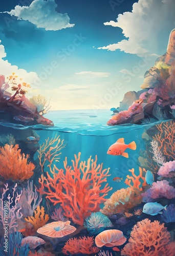 水中世界の概念の背景のイラスト。海の魚｜Illustration of underwater world concept background. sea fish.Generative AI
