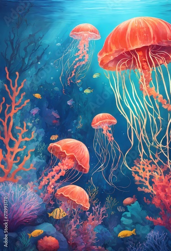 水中世界の概念の背景のイラスト。海を泳ぐクラゲ。｜Illustration of underwater world concept background. Jellyfish swimming in the sea. Generative AI