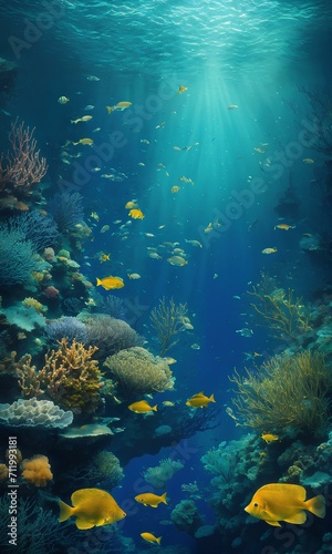 水中世界の概念の背景のイラスト。海の魚｜Illustration of underwater world concept background. sea fish.Generative AI © happy Wu 