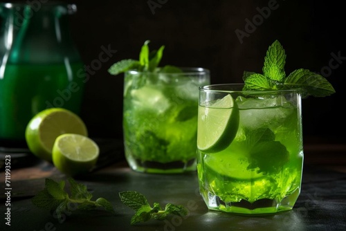 A refreshing cocktail made with fresh mint and zesty lime. It has a vibrant green color and is garnished with mint leaves. Generative AI