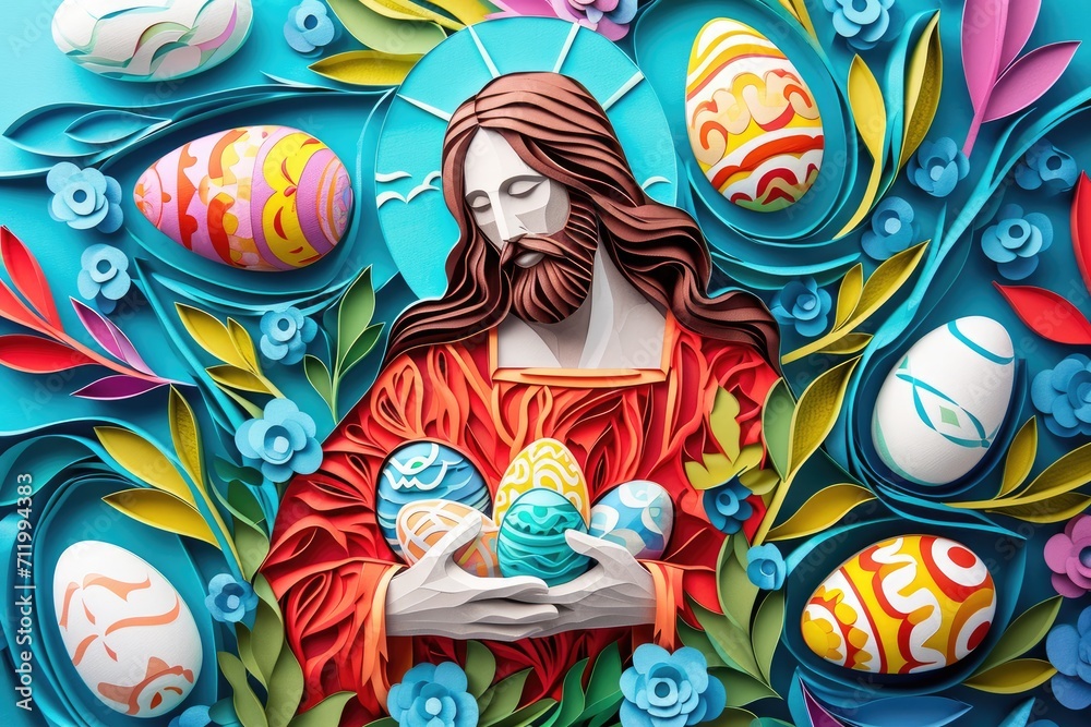 paper cut card jesus with easter eggs . Background with colorful Easter eggs paper cut card jesus with easter eggs . Background with colorful Easter eggs