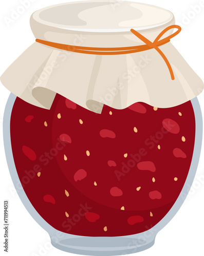 Glass jar of raspberry jam covered with fabric and string. Delicious homemade preserve. Sweet fruit spread design vector illustration.