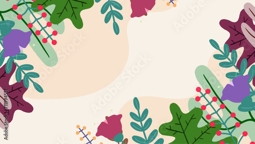 Colorful colourful vector illustration spring background with flowers and leaves. Vector summer background with vegetation, flower, and leaf for poster, banner, and presentation