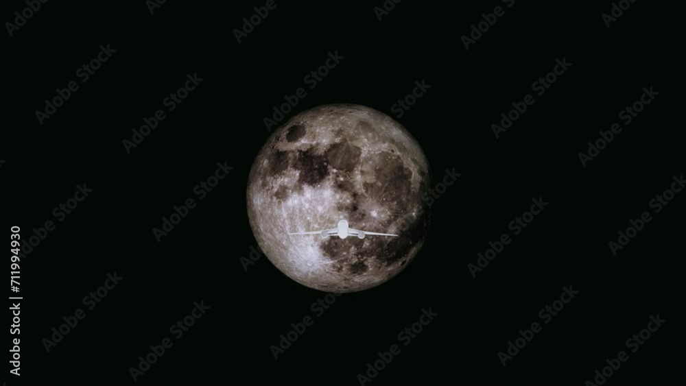 Flying plane in the night sky against the backdrop of a large bright full moon, 4k 3D Render Animation. Flying plane in the night sky against the backdrop of a large bright full moon, 4k 3D Render Animation.
