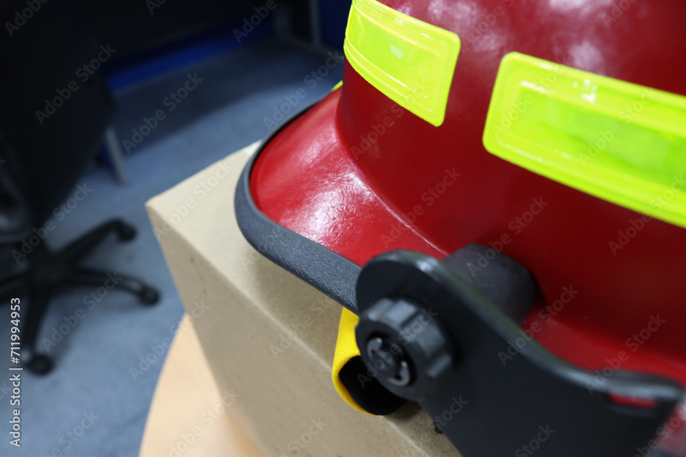 Photo of a special helmet for firefighters, this helmet is heat resistant, fire and impact resistant.
