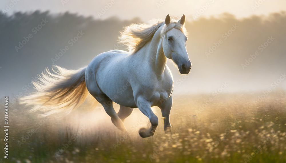 Fototapeta premium 草原を走る白馬,Generative AI AI画像