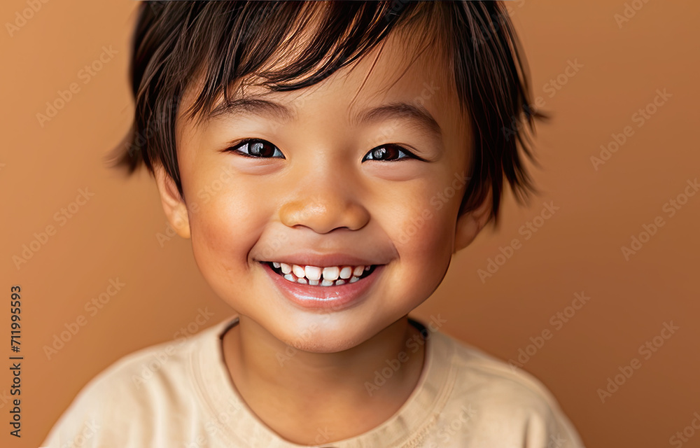 Portrait of a child asian boy against a light brown background