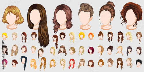 Set of 50 beautiful woman hairstyle, long hair, short hair, curly hair salon hairstyles and trendy haircut.