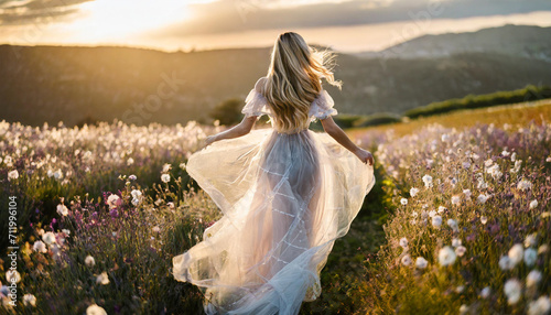 woman in translucent dress runs with flowing hair, embodying freedom and vitality photo