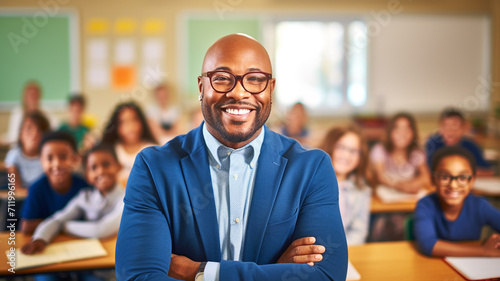 smiling black male teacher in a class at elementary school