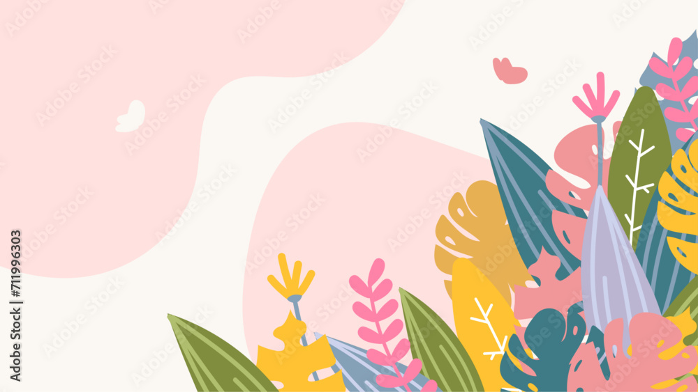 Colorful colourful vector flat floral spring background with leaves and flower. Vector summer background with vegetation, flower, and leaf for poster, banner, and presentation