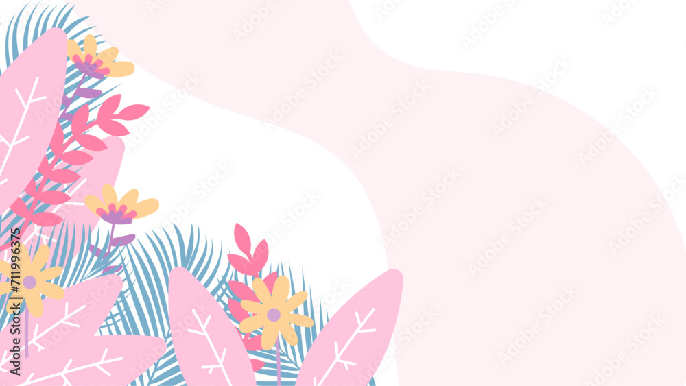 Colorful colourful vector illustration spring background with flowers and leaves. Vector summer background with vegetation, flower, and leaf for poster, banner, and presentation