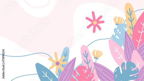 Colorful colourful vector floral hello spring concept background. Vector summer background with vegetation, flower, and leaf for poster, banner, and presentation