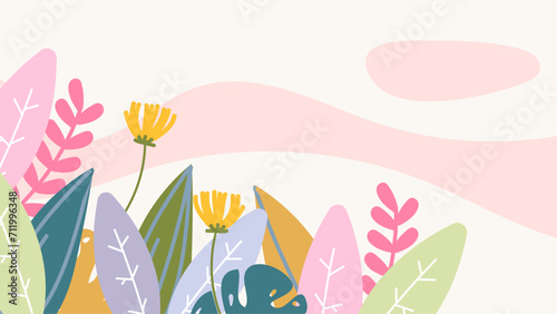 Colorful colourful vector spring background with plants, leaves and floral composition, simple and trendy style. Vector summer background with vegetation, flower, and leaf for poster, banner © SyahCreation