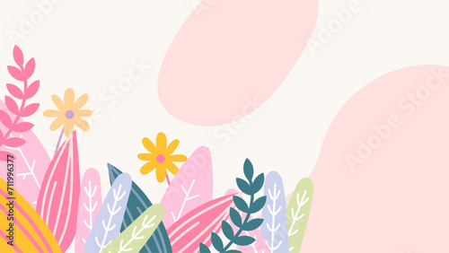 Colorful colourful vector flat floral spring background with leaves and flower. Vector summer background with vegetation  flower  and leaf for poster  banner  and presentation