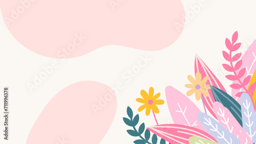 Colorful colourful vector illustration spring background with flowers and leaves. Vector summer background with vegetation, flower, and leaf for poster, banner, and presentation