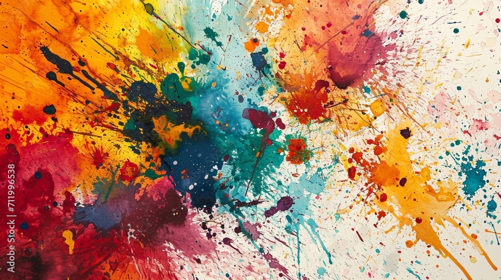 Abstract artwork with a chaotic blend of multicolored ink splatters and drips.
