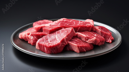 Raw red beef meat on a flat ceramic plate.