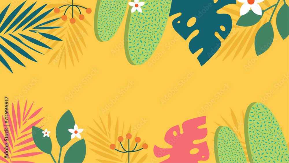 Colorful colourful vector illustrated floral spring background with flowers and leaves. Vector summer background with vegetation, flower, and leaf for poster, banner