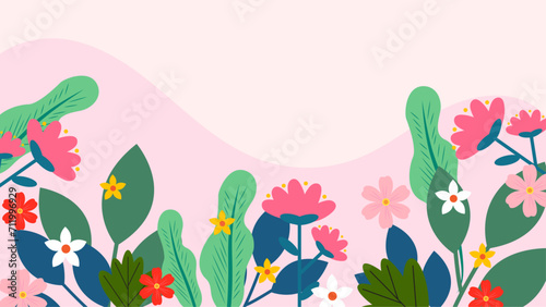 Colorful colourful vector floral hello spring concept background. Vector summer background with vegetation, flower, and leaf for poster, banner © SyahCreation