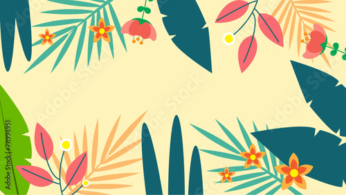 Colorful colourful vector beautiful spring background with hand drawn flowers and leaves. Vector summer background with vegetation, flower, and leaf for poster, banner