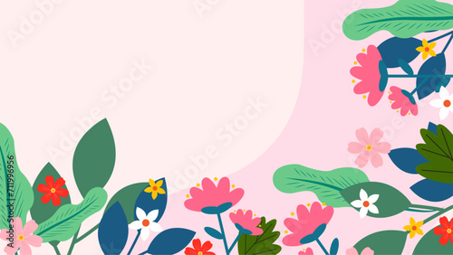 Colorful colourful vector illustration spring background with flowers and leaves. Vector summer background with vegetation, flower, and leaf for poster, banner © SyahCreation