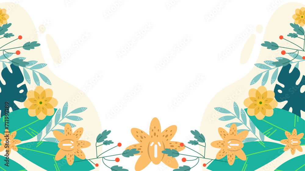 Fototapeta premium Colorful colourful vector beautiful spring background with hand drawn flowers and leaves. Vector summer background with vegetation, flower, and leaf for poster, banner