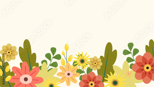 Colorful colourful vector floral hello spring concept background. Vector summer background with vegetation, flower, and leaf for poster, banner