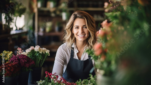 happy young woman standing in her flower shop photo
