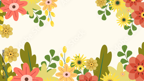 Colorful colourful vector flat floral spring background with leaves and flower. Vector summer background with vegetation, flower, and leaf for poster, banner