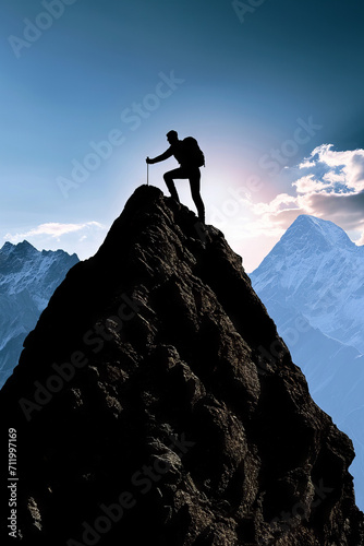 Triumphant Mountaineer on a Summit with Majestic Mountain Backdrop