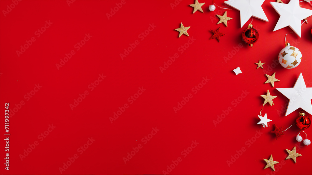 Celebrate the New Year with Modern Tree Decorations – Festive Baubles, Shining Star, Pine Cone, and Confetti on a Red Backdrop. Perfect Space for Your Text or Promo Content! Celebrate the New Year with Modern Tree Decorations – Festive Baubles, Shining Star, Pine Cone, and Confetti on a Red Backdrop. Perfect Space for Your Text or Promo Content!
