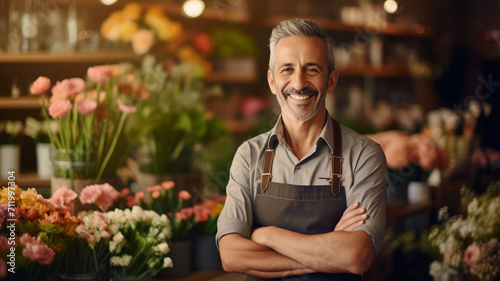 Happy middle aged male florist standing in his flower shop