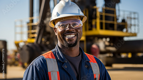 Smiling oil worker in front of rig. photo