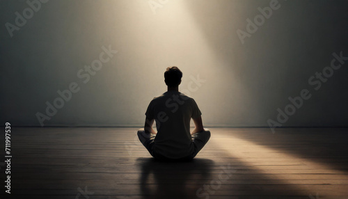 Solitary figure sits in shadow, embodying the silent struggle of mental health, conveying the weight of depression, anxiety, and bipolar disorder